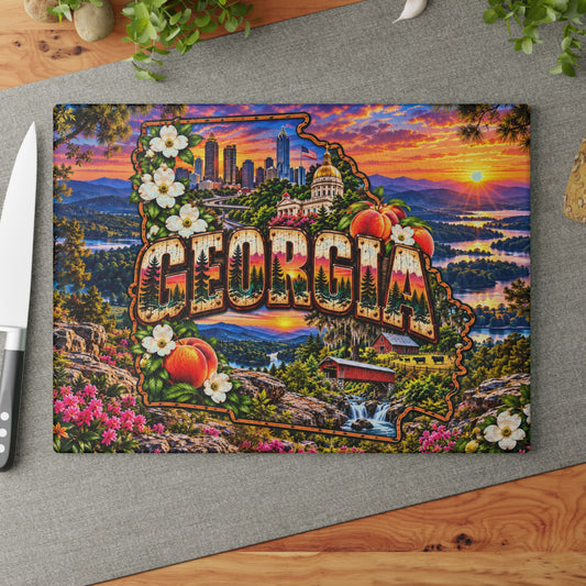 Georgia Glass Cutting Board – Georgia State Map, Atlanta Skyline, Peach Blossoms, Covered Bridge & Mountain Sunset Kitchen Décor
