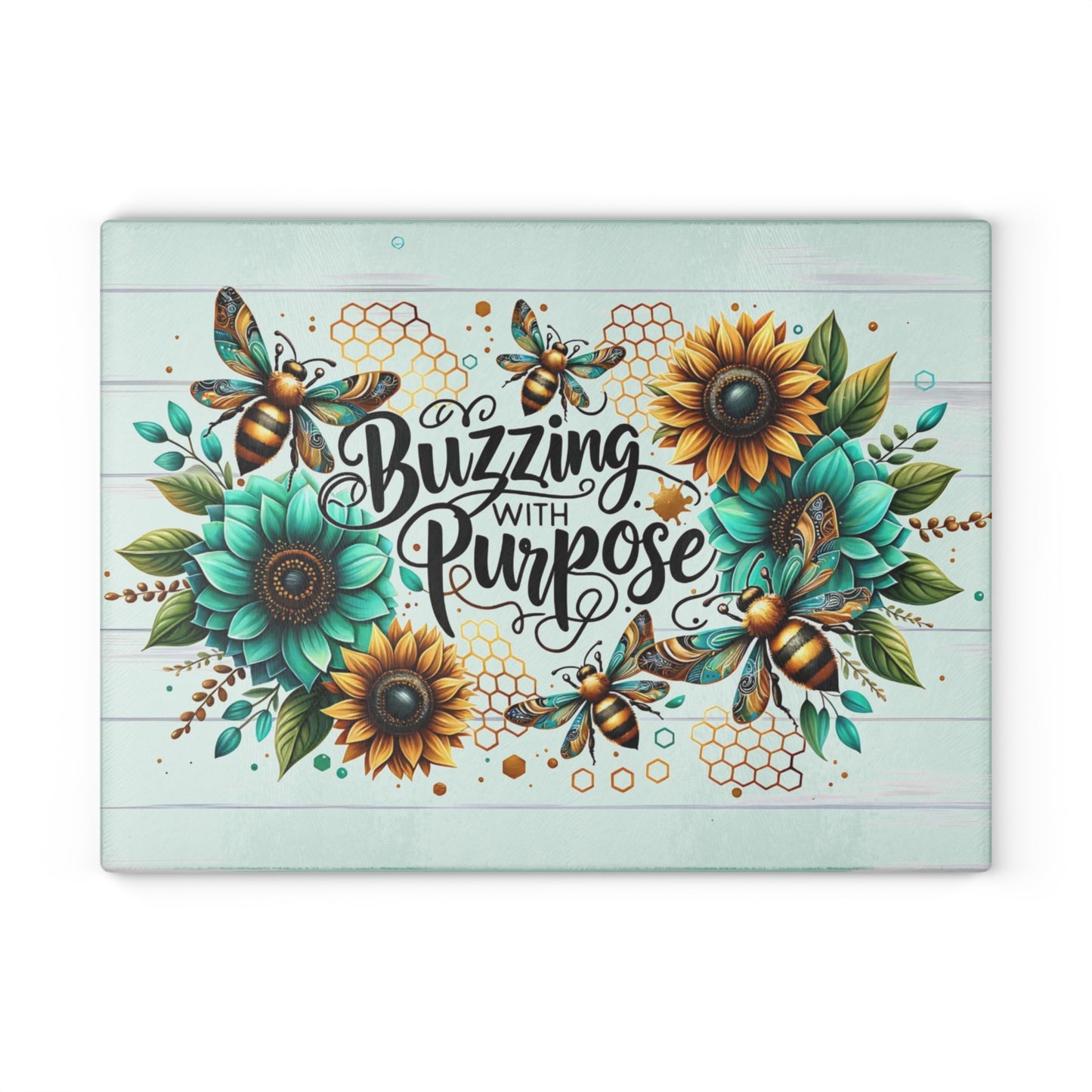 Buzzing with Purpose Glass Cutting Board – Uplifting Floral Bee Design for Your Kitchen