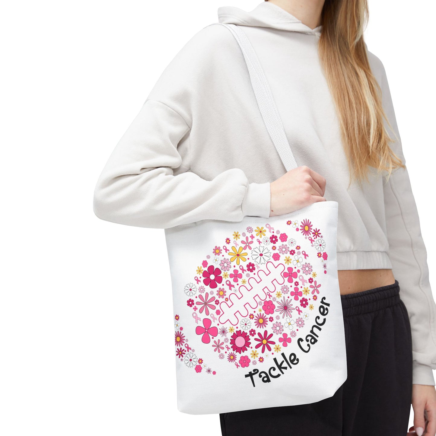 🌸 Pink Floral Football Tote Bag – Game Day Meets Breast Cancer Awareness 🎀👜