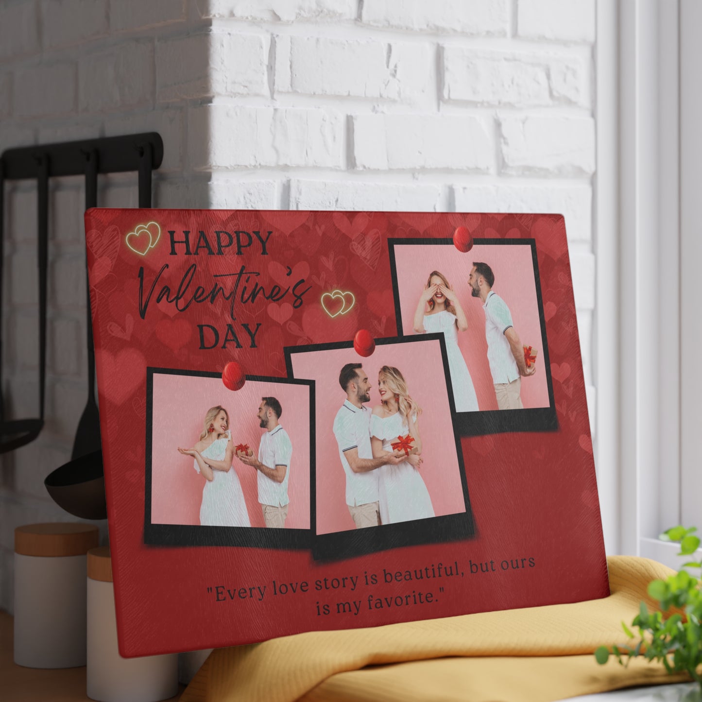 Happy Valentine’s Day Photo Collage Glass Cutting Board – Romantic Personalized Keepsake