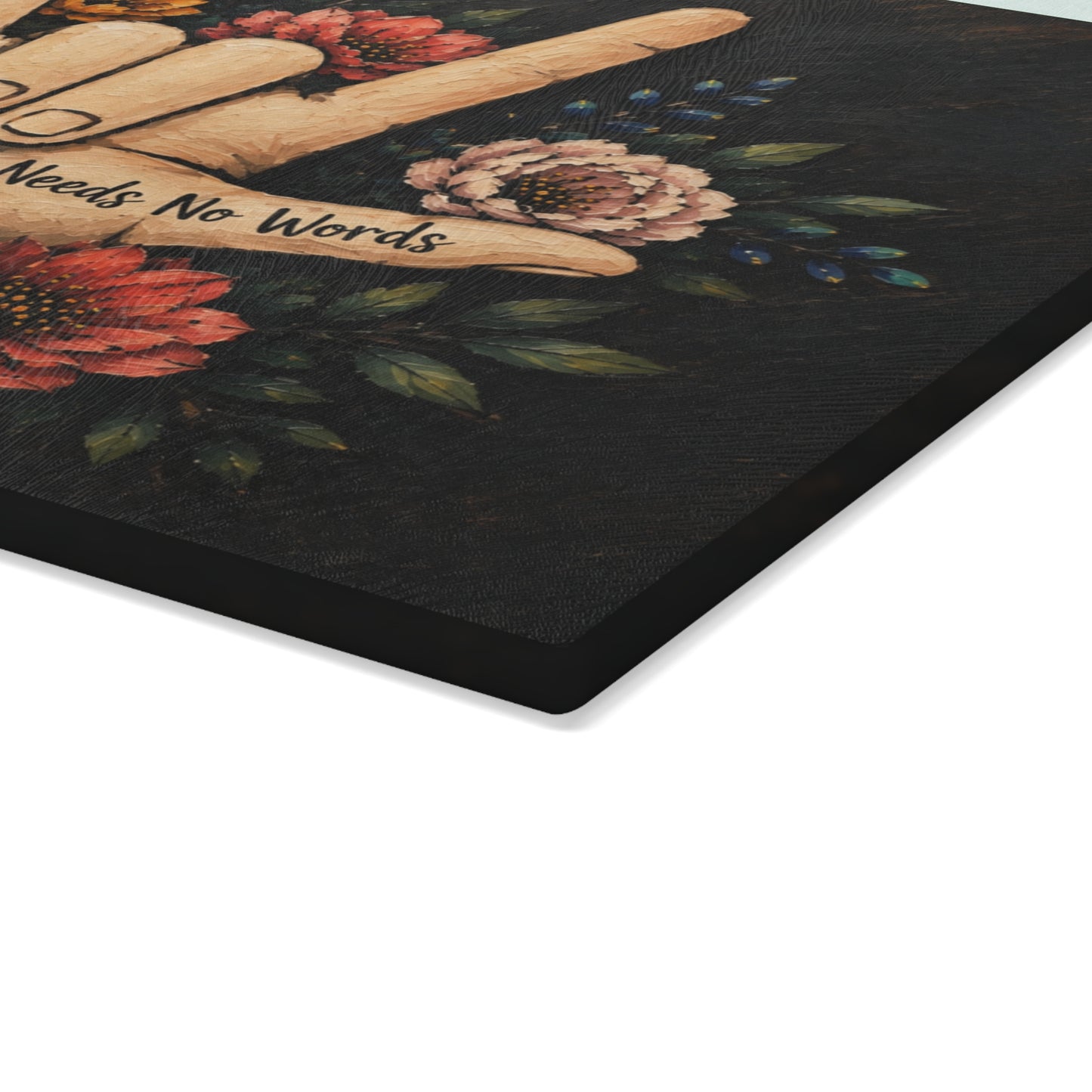 Love Needs No Words Glass Cutting Board – Painted Floral ASL Hand Design