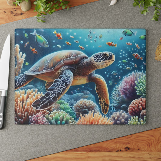 Tabla de cortar con diseño de tortuga marina y arrecife de coral: belleza oceánica serena para tu cocina