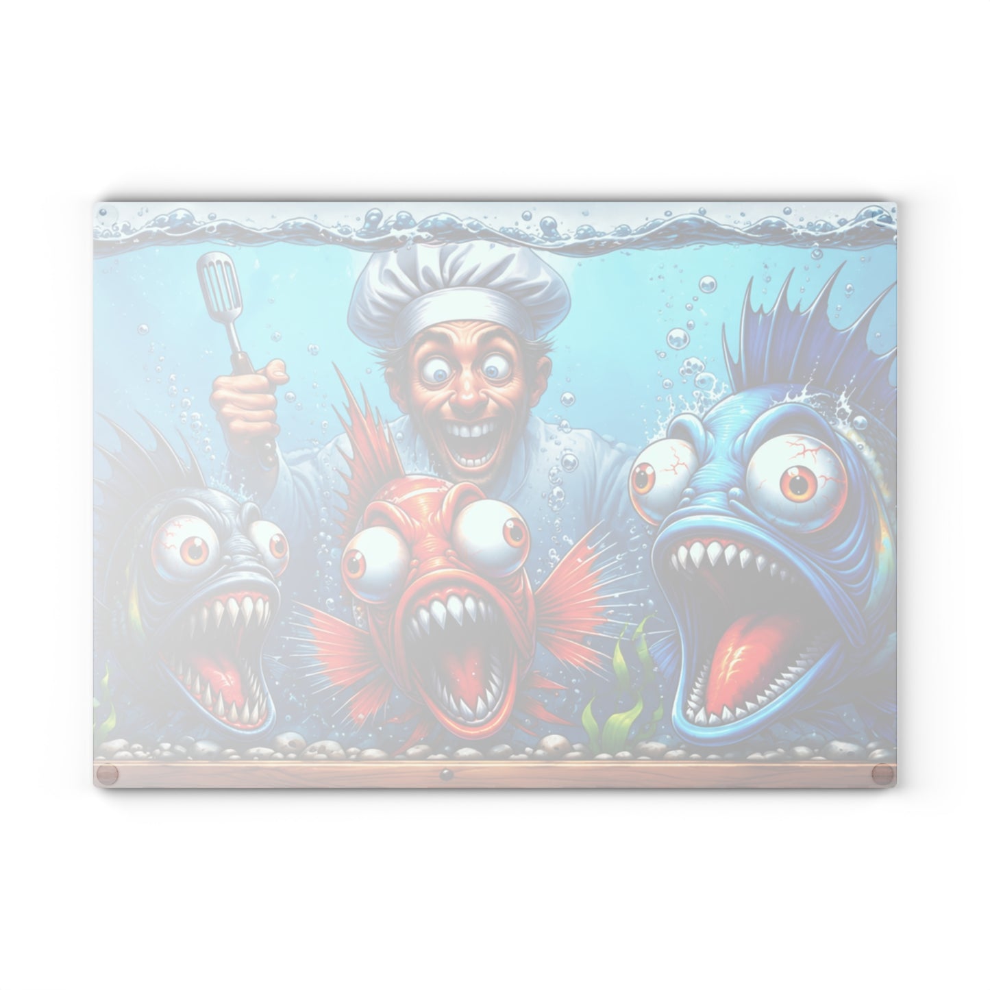 Kitchen Chaos: Fish & Chef Glass Cutting Board – Playful Aquarium Kitchen Art
