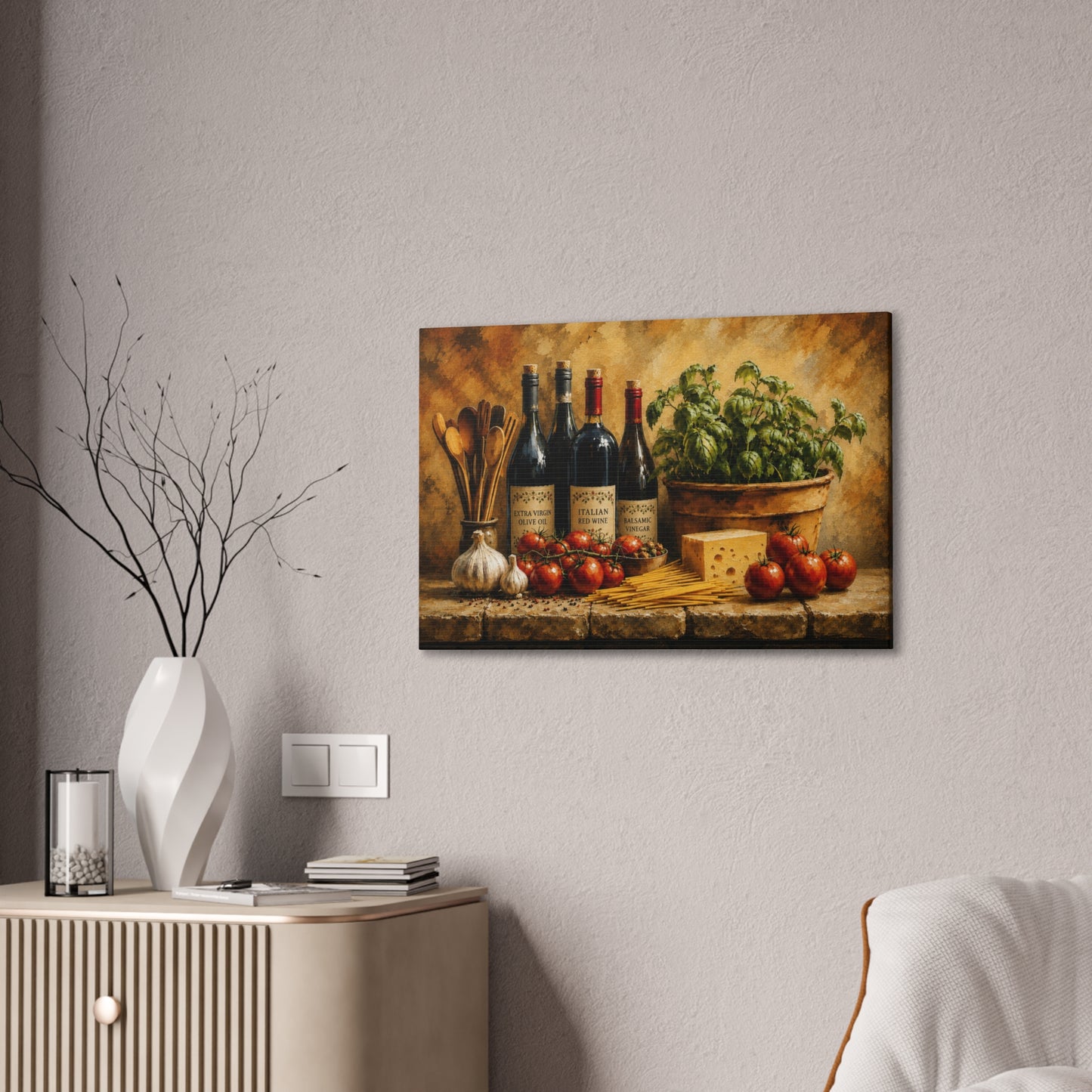Rustic Italian Kitchen Stretched Canvas Wall Art – Tuscan Kitchen Decor – Italian Food & Wine Canvas