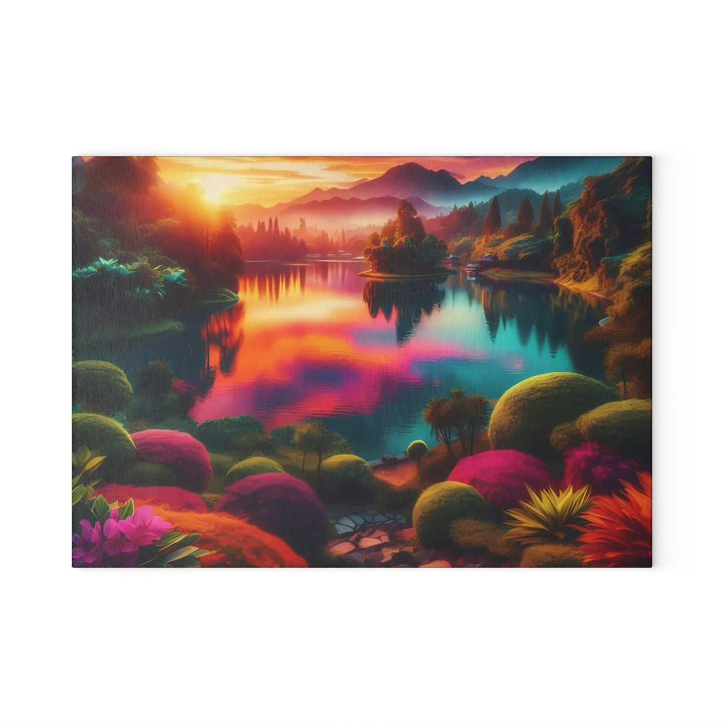Tabla de cortar de vidrio Sunset Garden Serenity: vista al lago de ensueño para cocinas artísticas