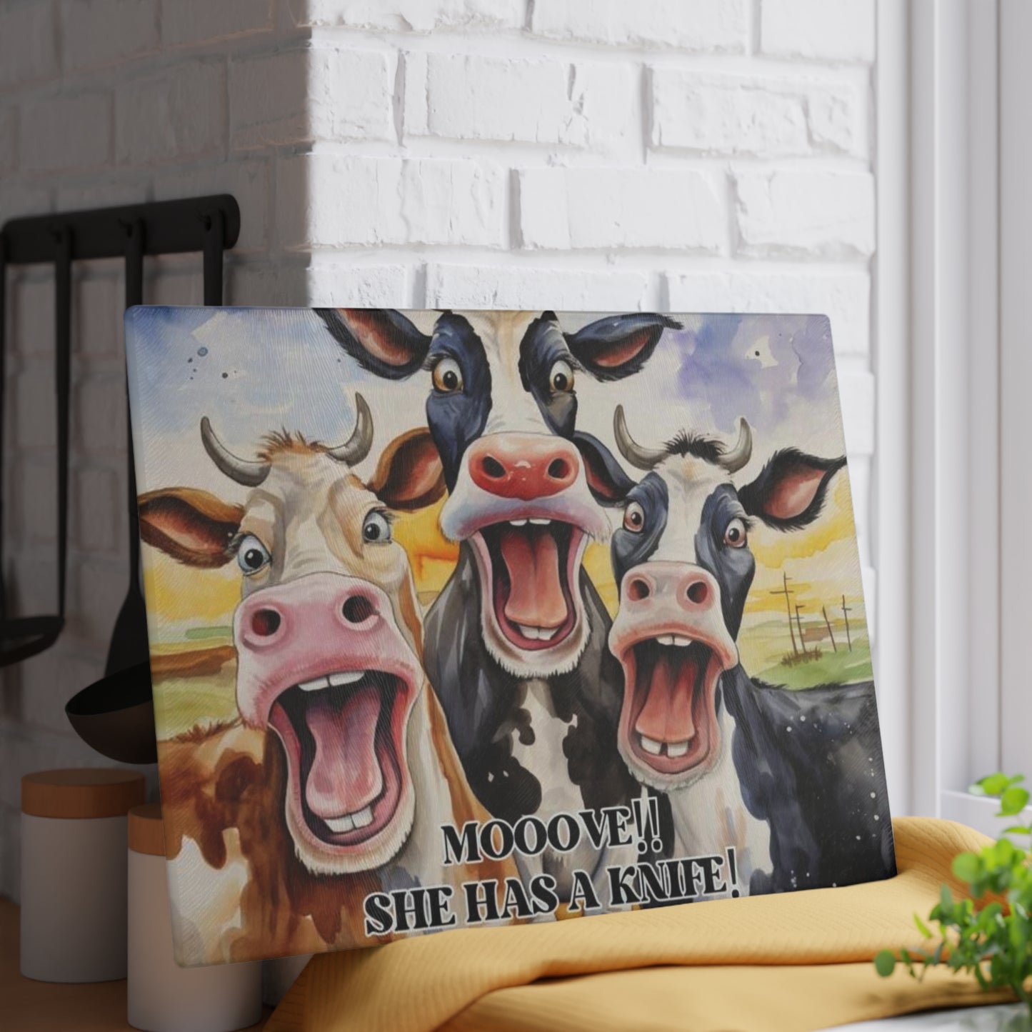 MOOOVE!! SHE HAS A KNIFE! – Funny Cow Tempered Glass Cutting Board