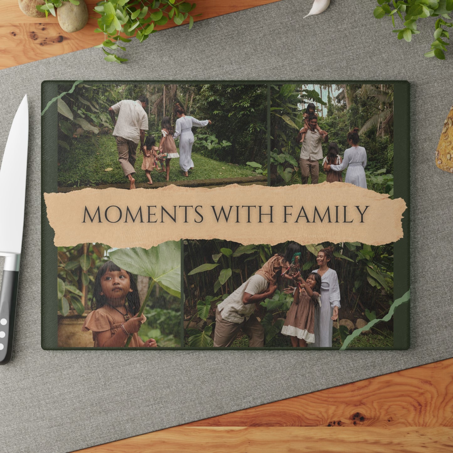 Moments with Family Photo Collage Glass Cutting Board – Personalized Family Memory Keepsake
