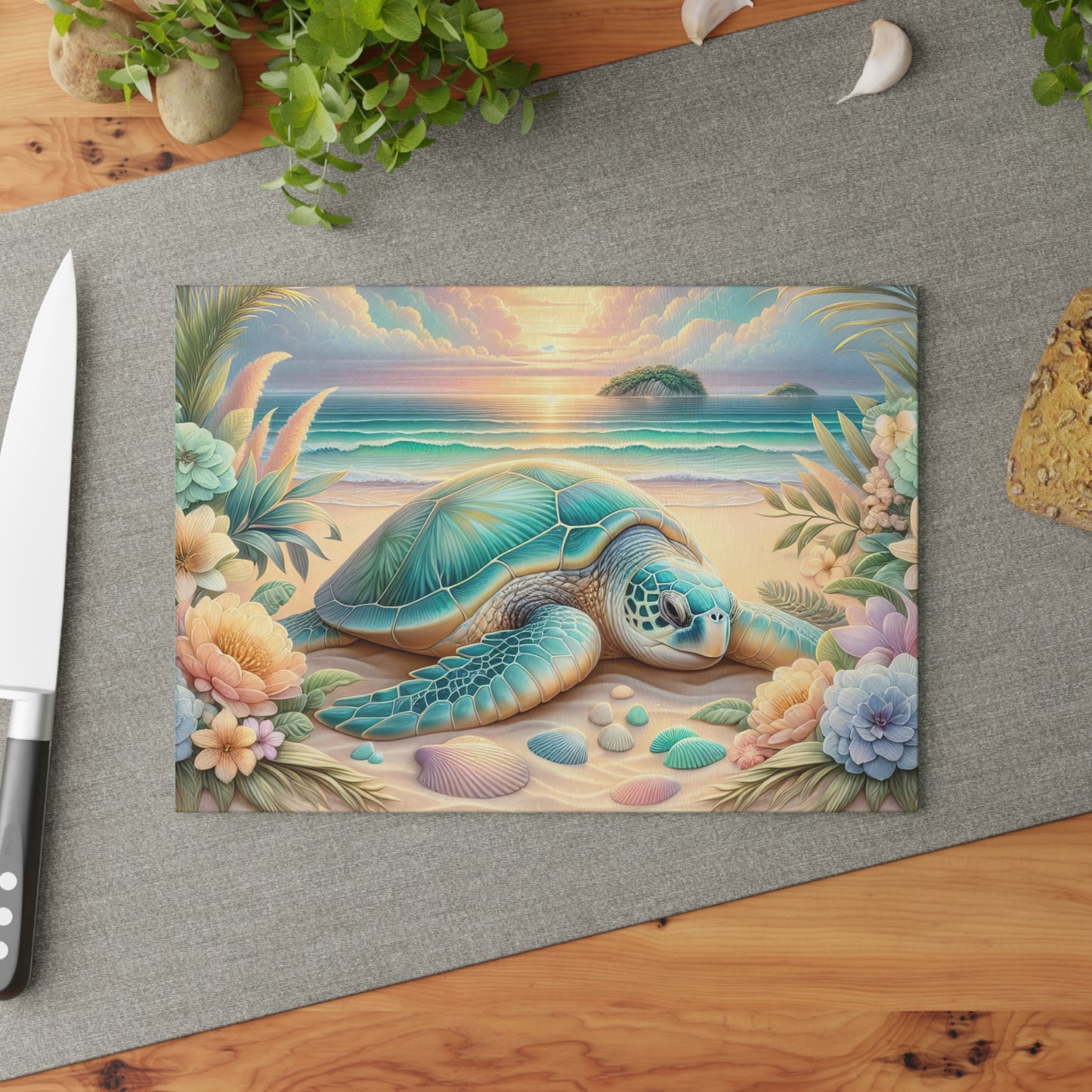 Peaceful Ocean Escape Sea Turtle Glass Cutting Board – Floral Beach Serenity Artwork