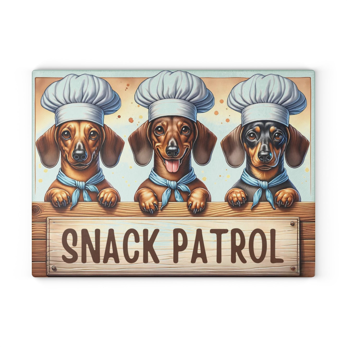 🐾🍪 “Snack Patrol Dachshunds” Glass Cutting Board – Playful Pup Energy for Your Kitchen