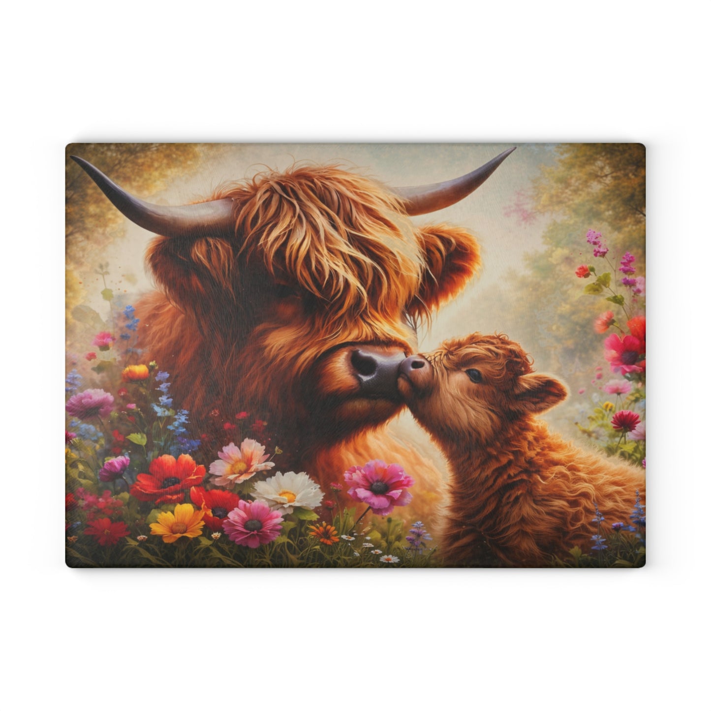 Highland Cow and Calf Floral Glass Kitchen Surface – Warm Farmhouse Style Artwork