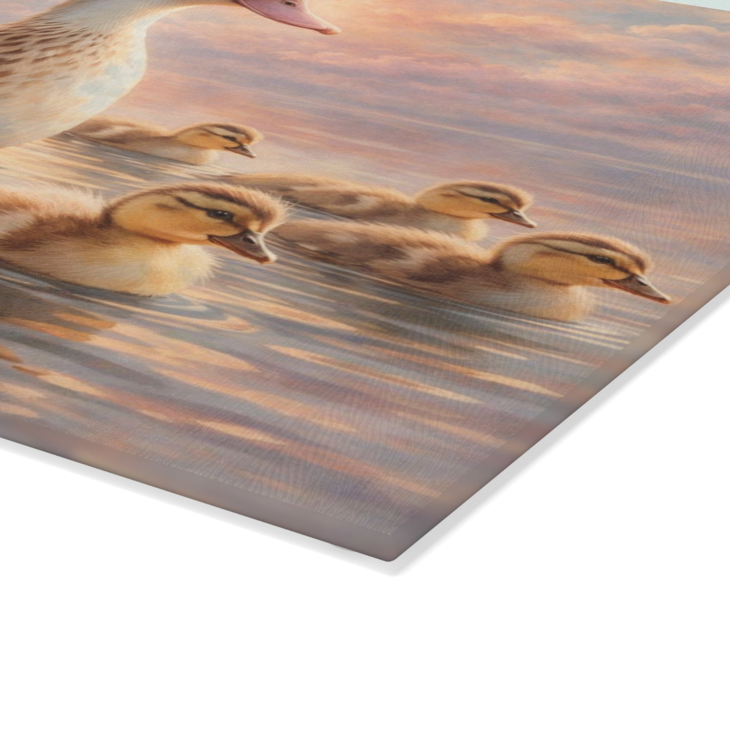 Duck Family Sunset Lake Glass Cutting Board – Peaceful Wildlife Nature Kitchen Art
