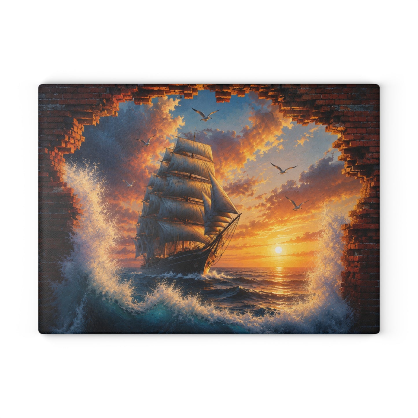 Sunset Sailing Ship Tempered Glass Cutting Board