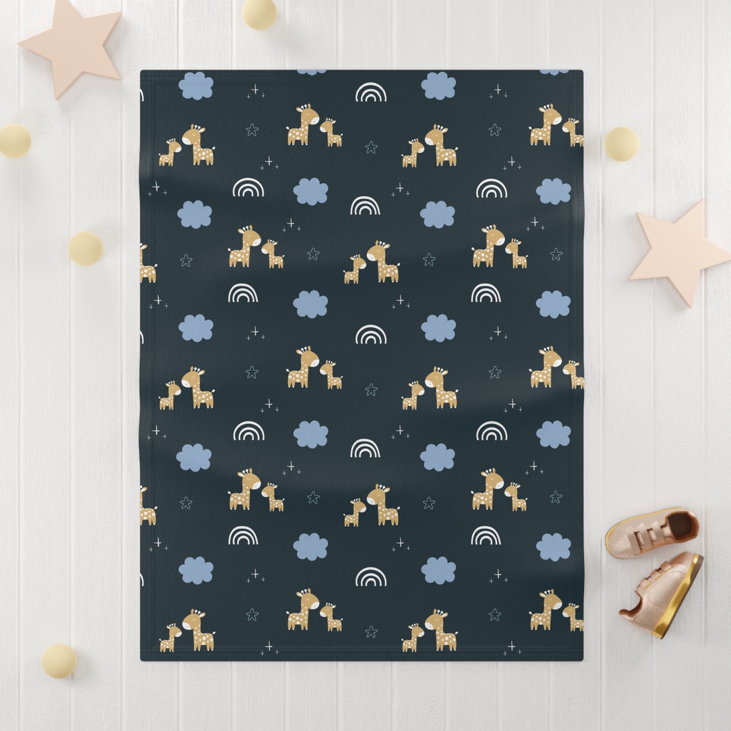 Midnight Giraffe & Rainbows Baby Blanket – Ultra-Soft Fleece 30″×40″ | Navy Nursery Cozy