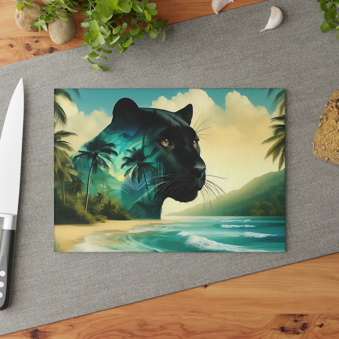 Tabla de cortar de vidrio con diseño de Pantera Negra y puesta de sol en la playa: decoración de cocina con un gato de la jungla místico