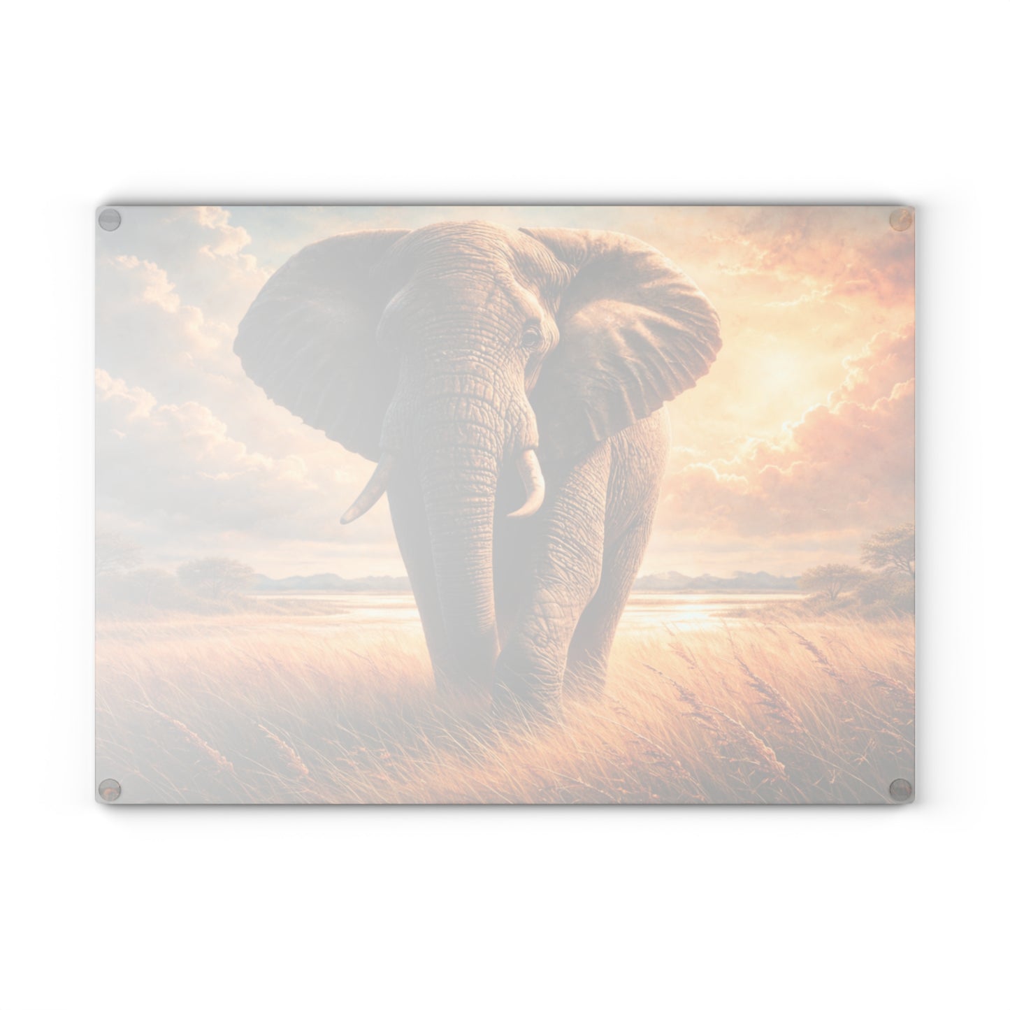 Majestic Elephant Sunset Savanna Glass Cutting Board – Bold Wildlife Landscape Kitchen Art
