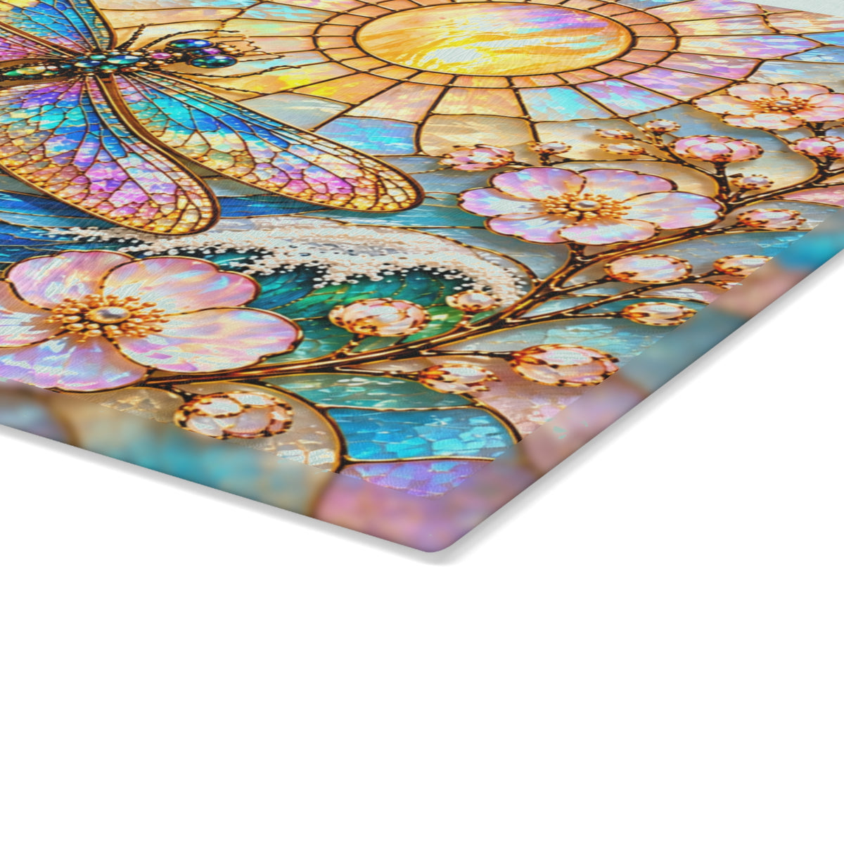 Stained-Glass-Inspired Dragonfly Cutting Board – Iridescent Rainbow Wings, Cherry Blossoms, Ocean Waves & Golden Sun Kitchen Décor