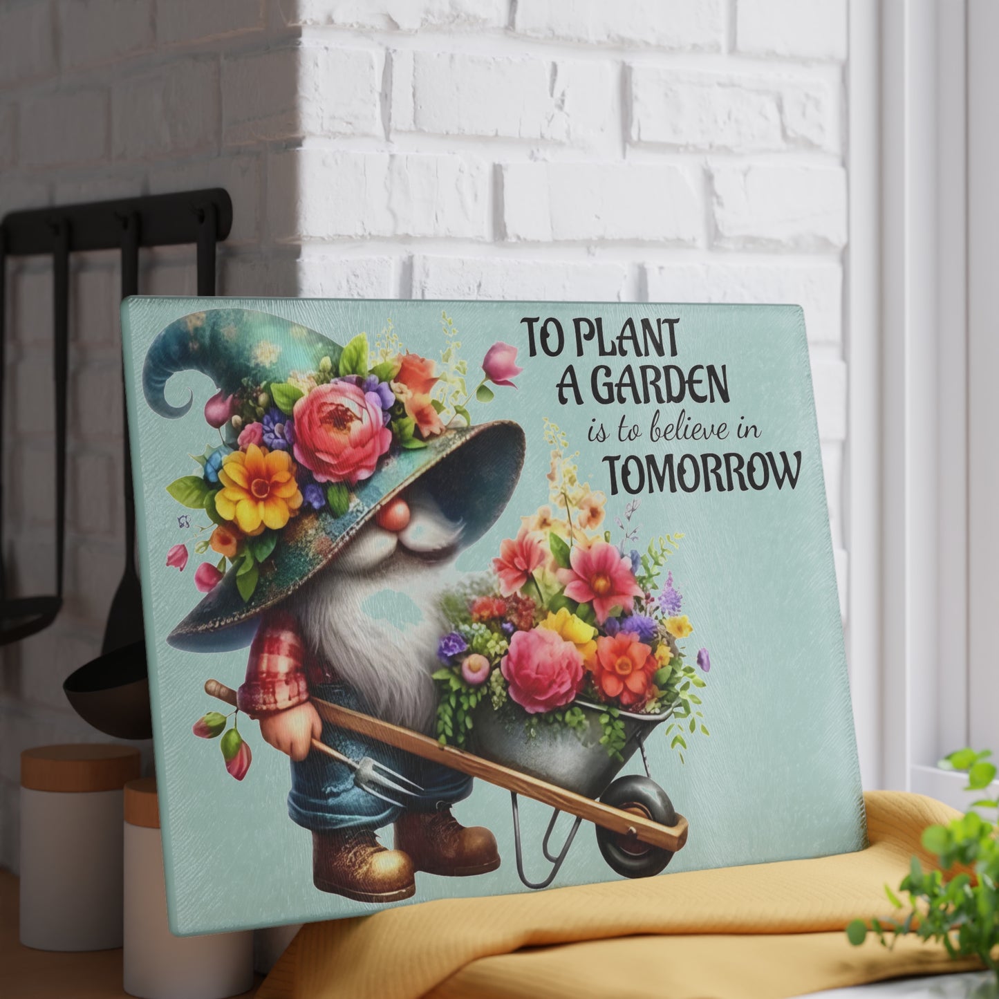 🌸🧙‍♂️ Garden Gnome Floral Cutting Board – Whimsical Kitchen Décor with Inspirational Quote 🌿✨