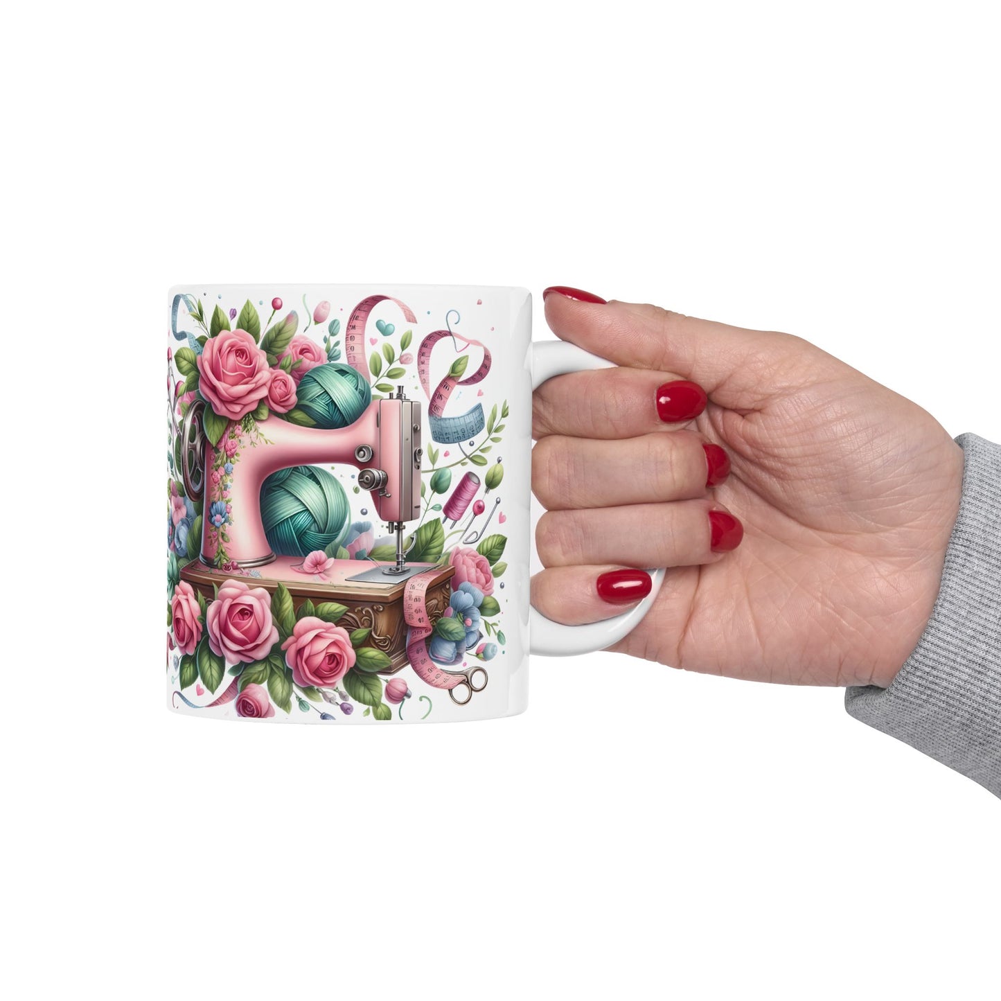 🌸🧵 Floral Sewing Machine Mug – Personalized Coffee Cup for Quilters & Crafters ✨☕