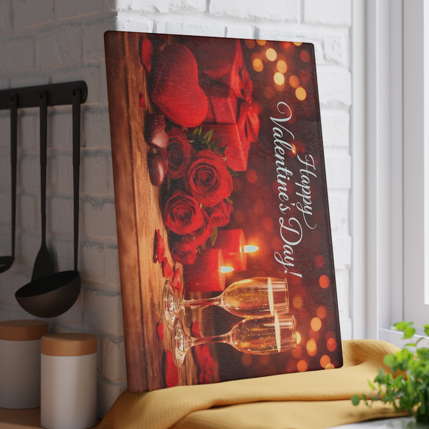 Happy Valentine’s Day Champagne & Roses Glass Cutting Board – Romantic Evening Kitchen Accent