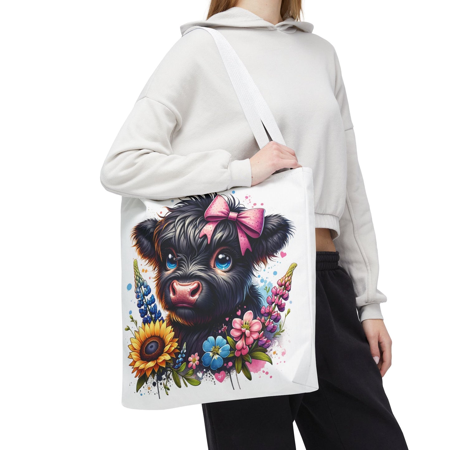 🌸 Black Highland Calf Floral Tote Bag – Sweet Style for Every Age 🐮👜