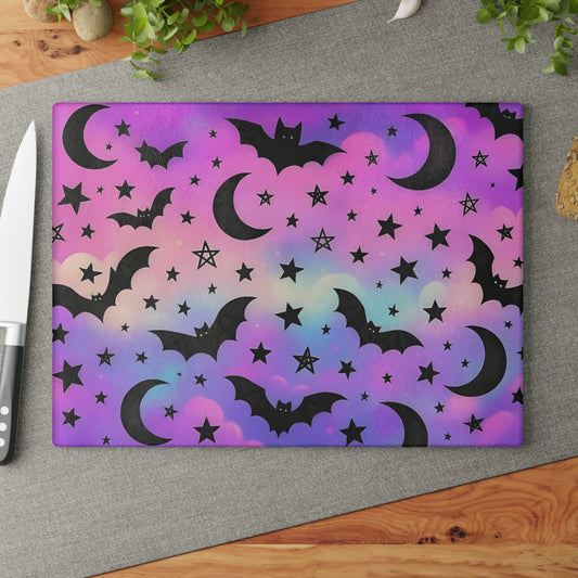 🦇 Pastel Halloween Sky Cutting Board – Spooky Cute Bats & Moons on Dreamy Clouds