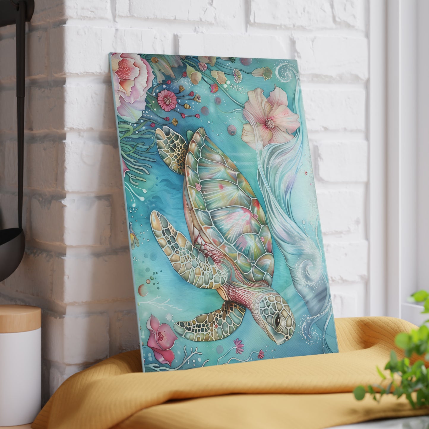 🌊🌸 Escena floral submarina de tortugas marinas coloridas – Tabla de cortar de vidrio
