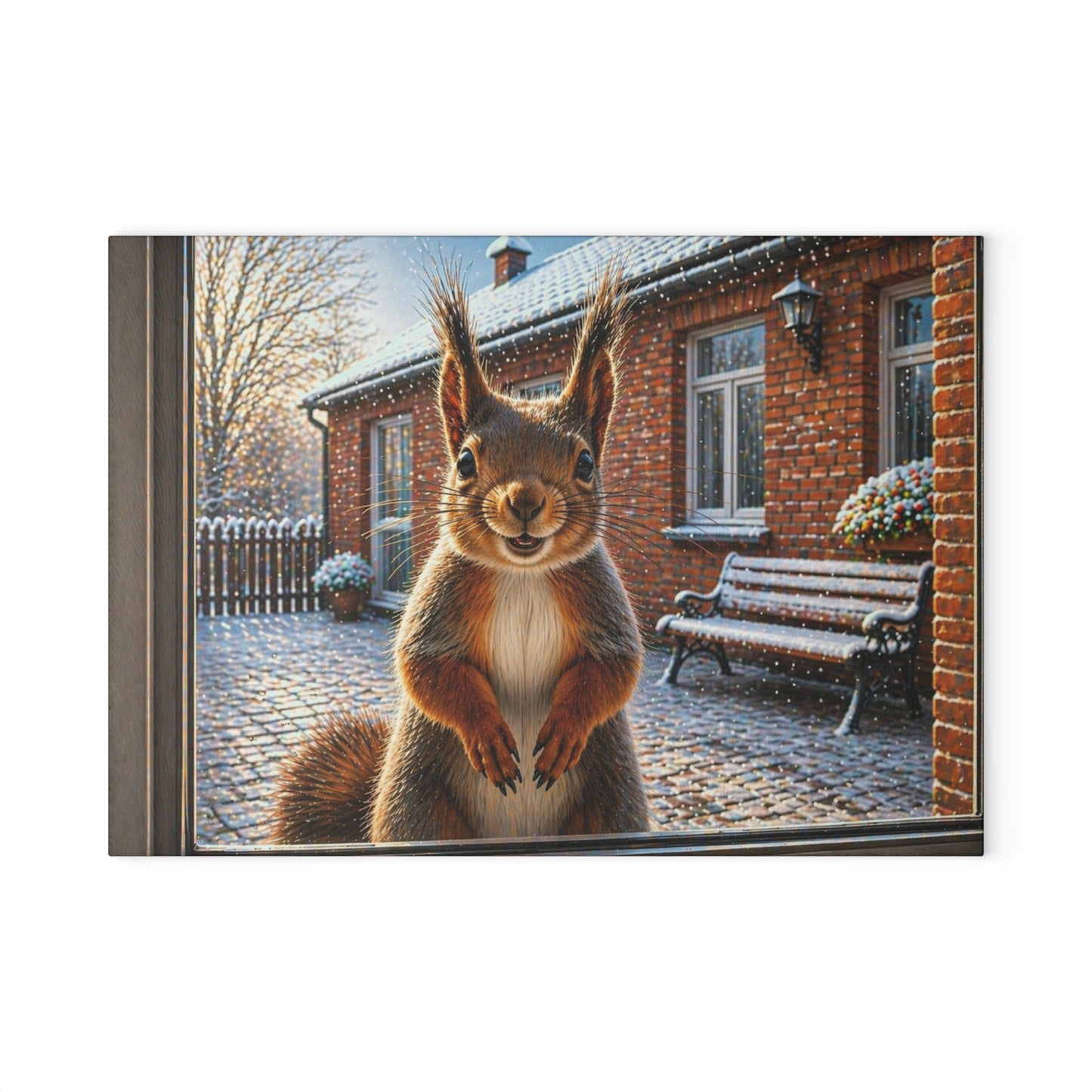 Winter Squirrel Window Glass Cutting Board