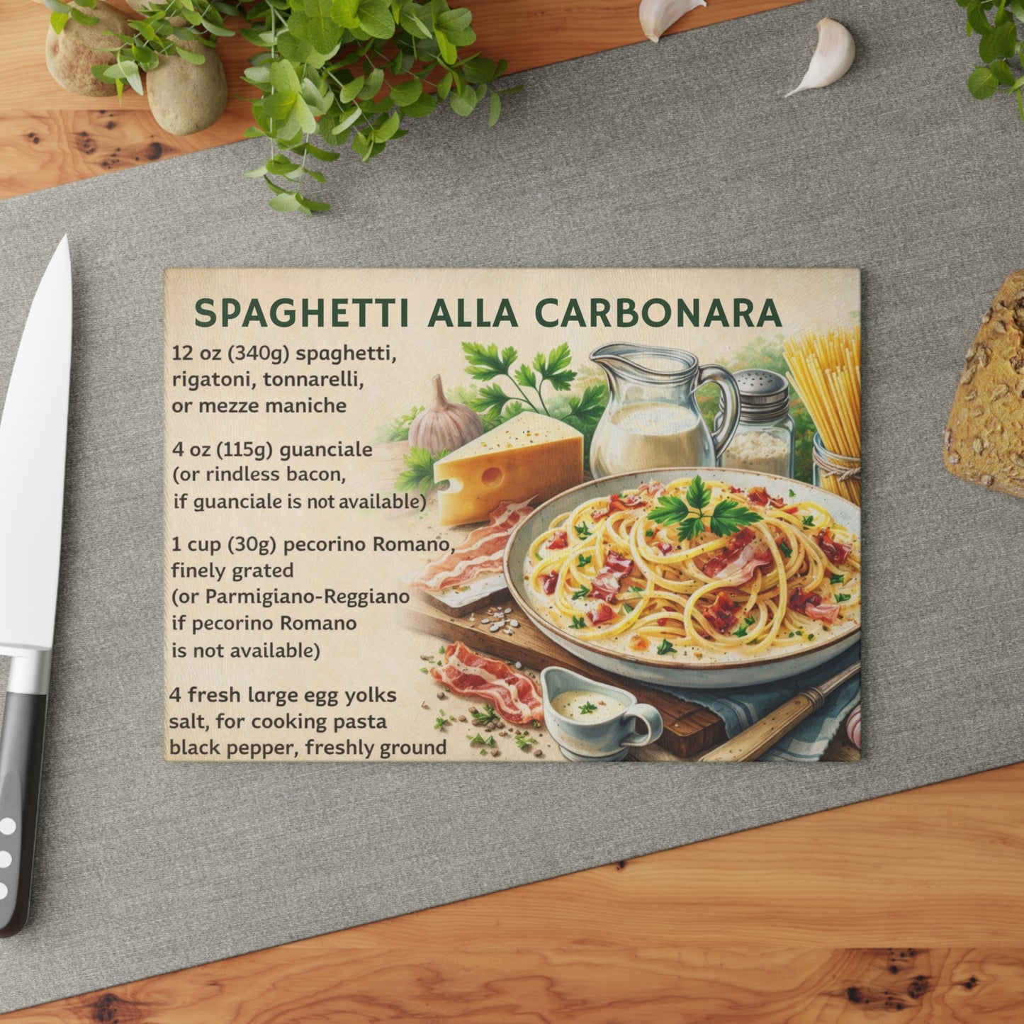Spaghetti alla Carbonara Recipe Glass Cutting Board – Classic Italian Kitchen Artwork