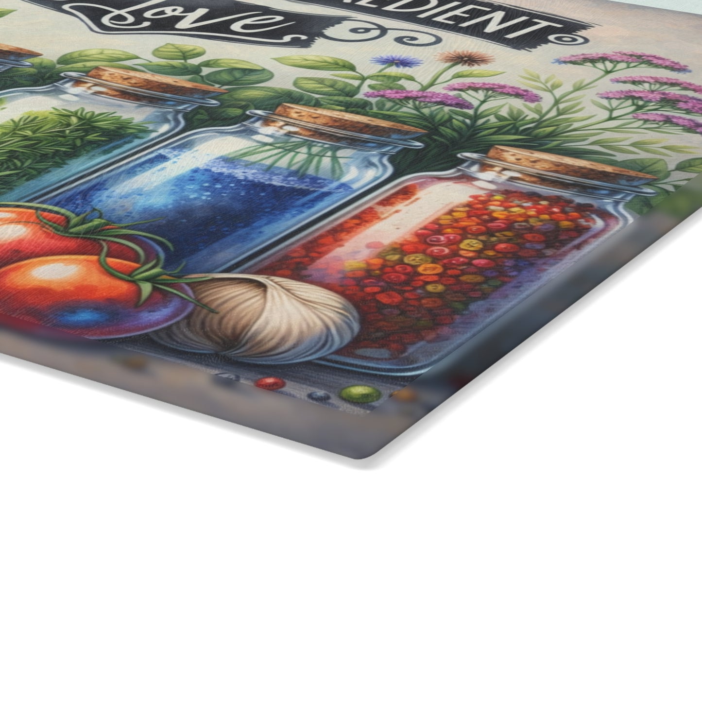 The Secret Ingredient Is Love Glass Cutting Board – Rustic Herb & Spice Kitchen Artwork