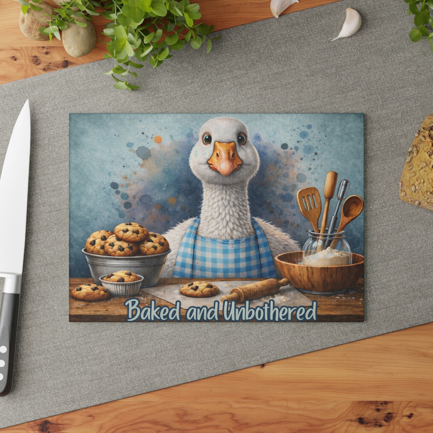 Baked and Unbothered Glass Cutting Board – Whimsical Goose Kitchen Decor