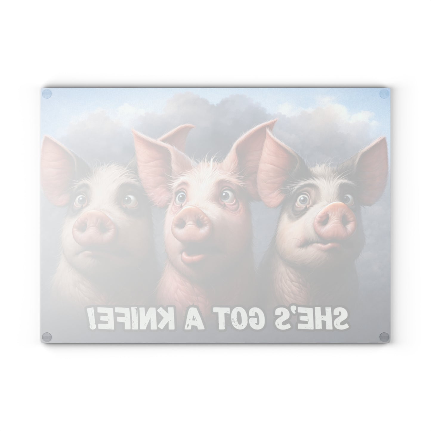 She’s Got a Knife Glass Cutting Board – Funny Pig Kitchen Art with Wide-Eyed Farmhouse Humor