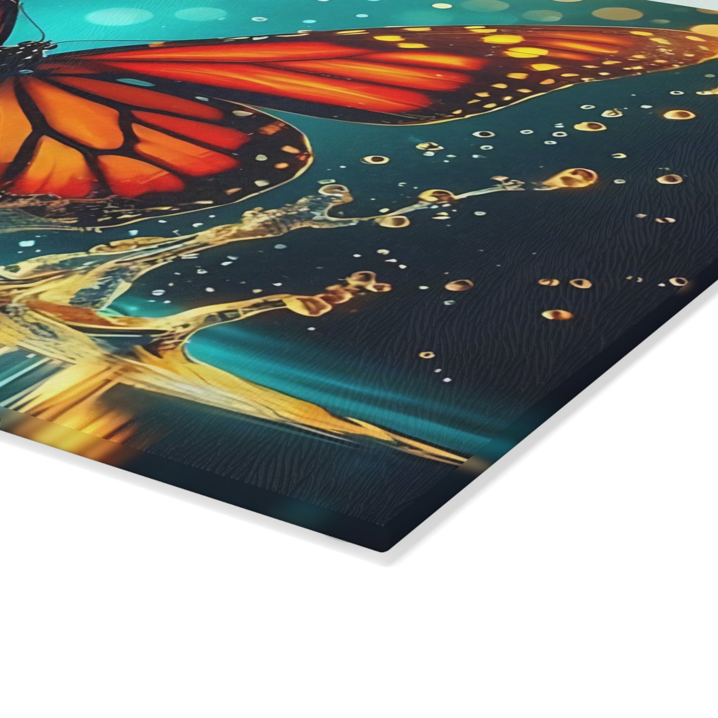 Monarch Butterfly Splash Glass Cutting Board – Vibrant Water Scene, Nature-Inspired Kitchen Decor