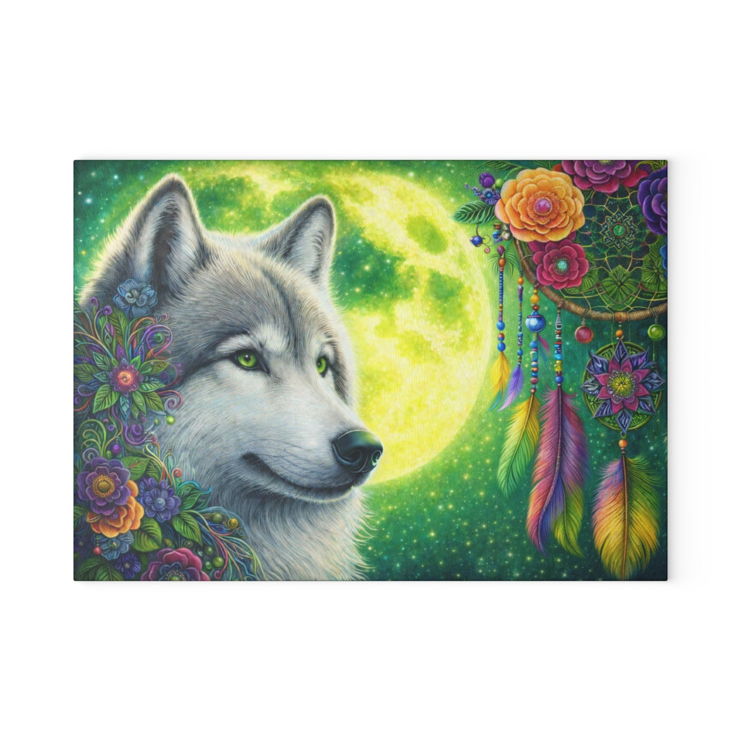 Moonlit Spirit Wolf Glass Cutting Board – Colorful Dreamcatcher Wildlife Kitchen Art