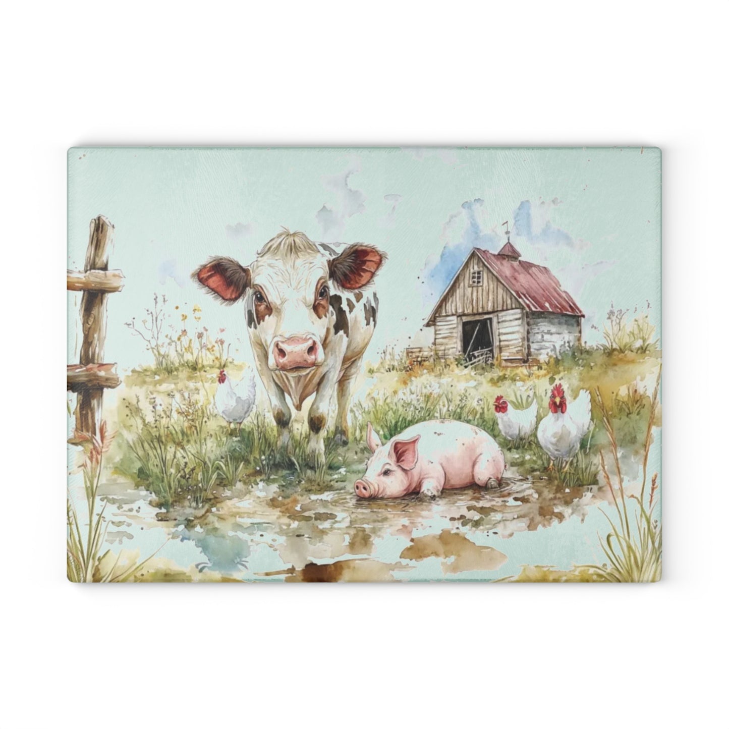 🐮🐷🐔 “Pasture Pals Farm Day” Glass Cutting Board – Sweet Country Scene