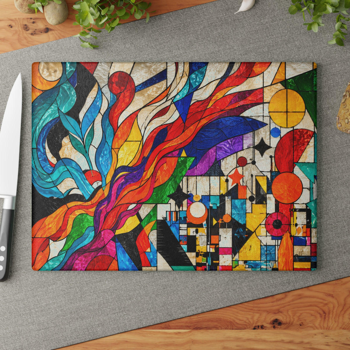 Colorful Abstract Stained-Glass-Look Glass Cutting Board – Modern Geometric Kitchen Decor