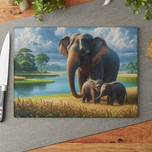 Tabla de cortar de vidrio con elefantes y sus crías: decoración de cocina inspirada en la naturaleza