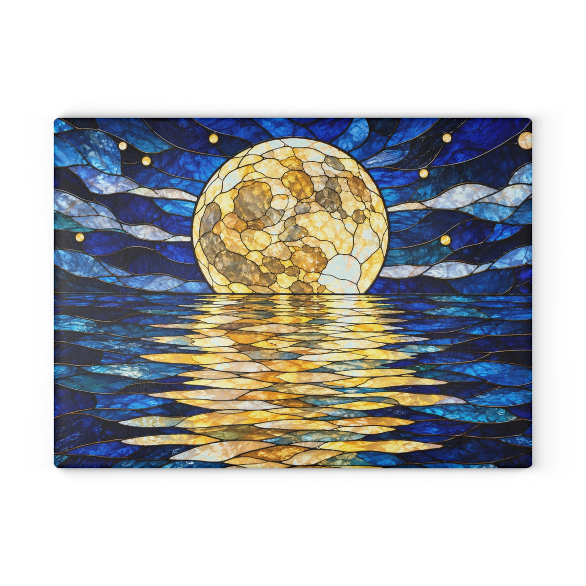 Full Moon Over Water Stained-Glass-Look Glass Cutting Board – Blue Moonlight Kitchen Decor