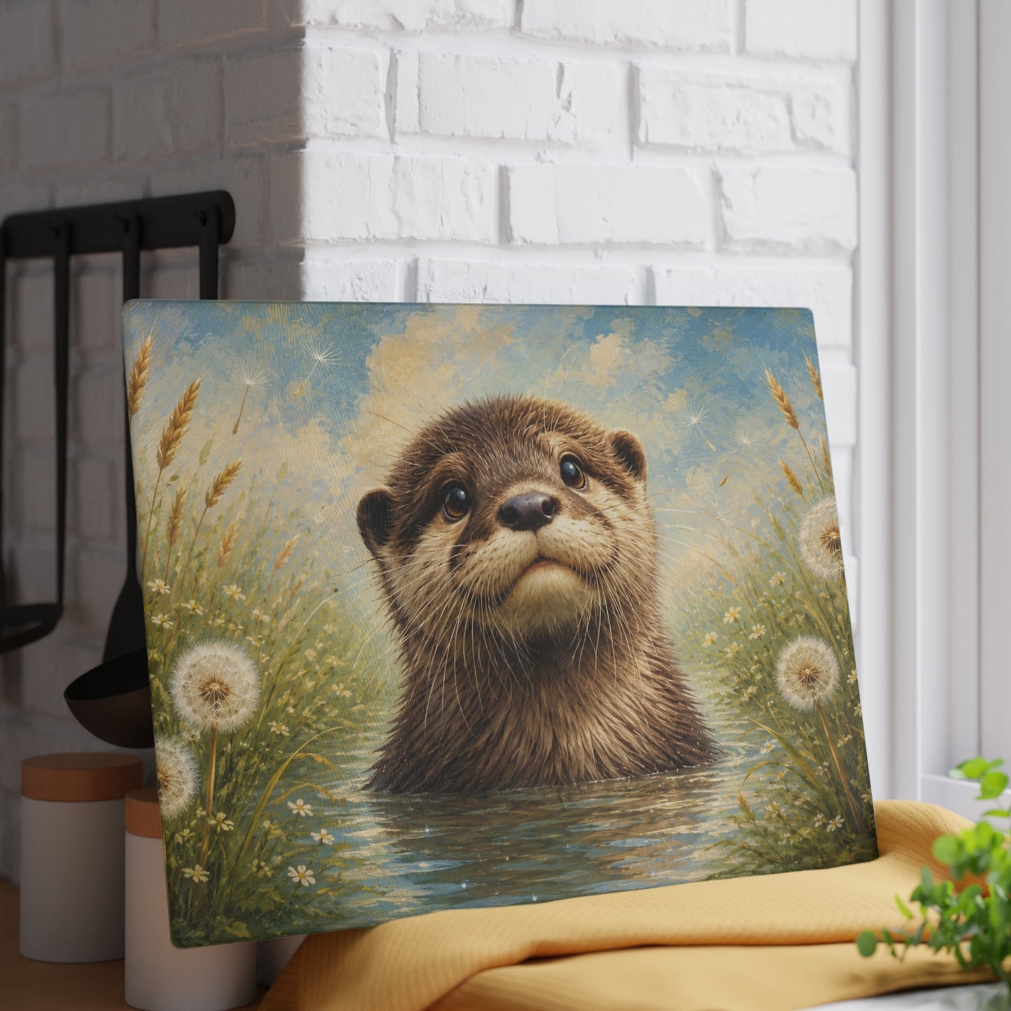 Gentle Meadow Otter Glass Cutting Board – Whimsical Wildlife Art with Soft Nature Tones