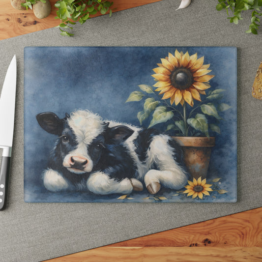 Sunflower & Baby Cow Glass Cutting Board – Rustic Farmhouse Kitchen Decor