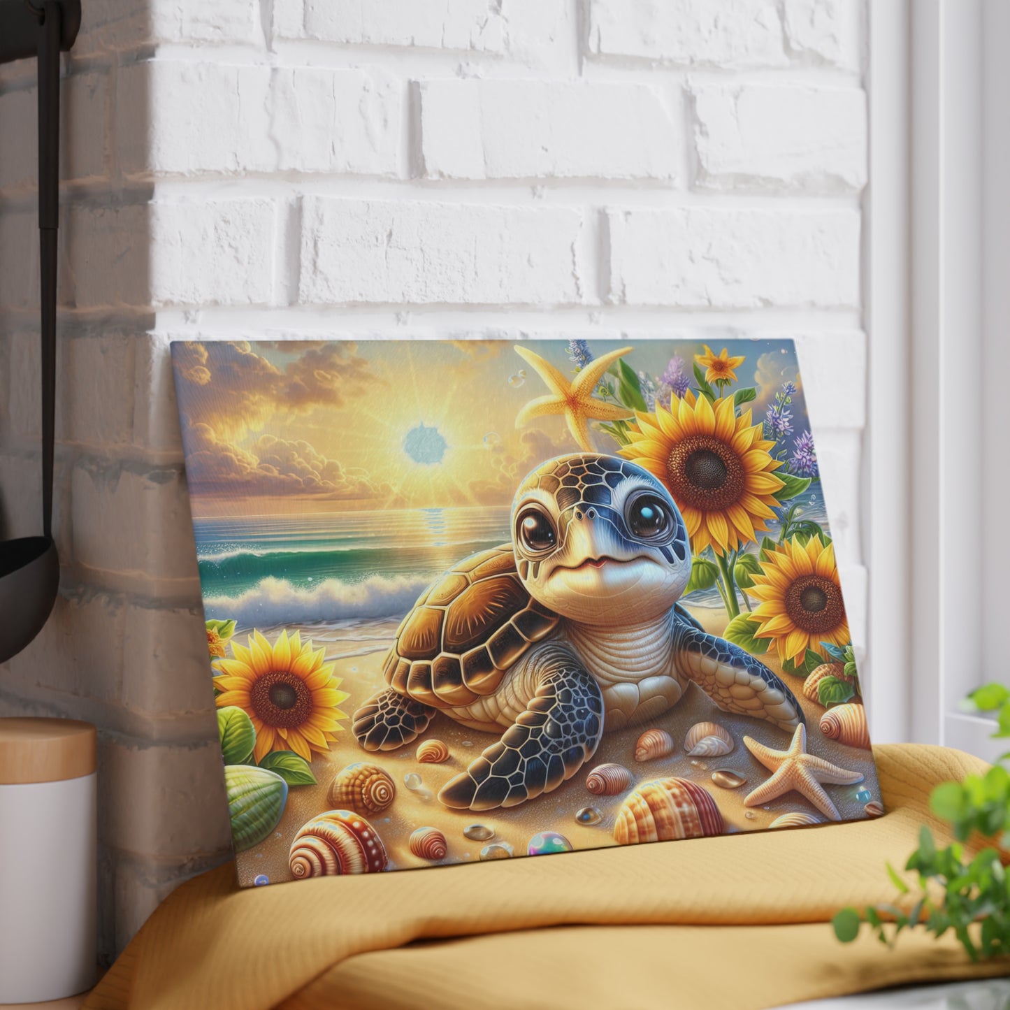 Sunny Shore Sea Turtle Glass Cutting Board – Coastal Beach Artwork with Sunflowers