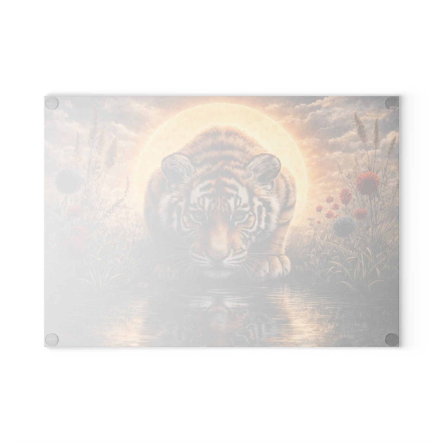 Tiger at Golden Sunset Glass Cutting Board – Majestic Wildlife Reflection Artwork