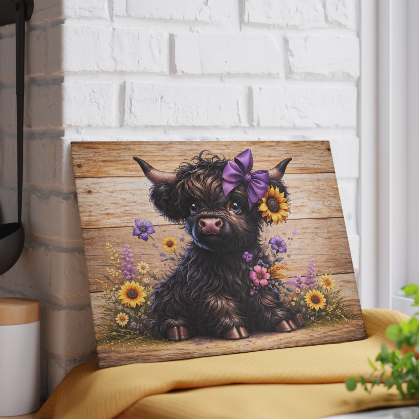 Sunflower Bow Highland Calf Glass Cutting Board – Rustic Farm Animal Art with Floral Country Charm
