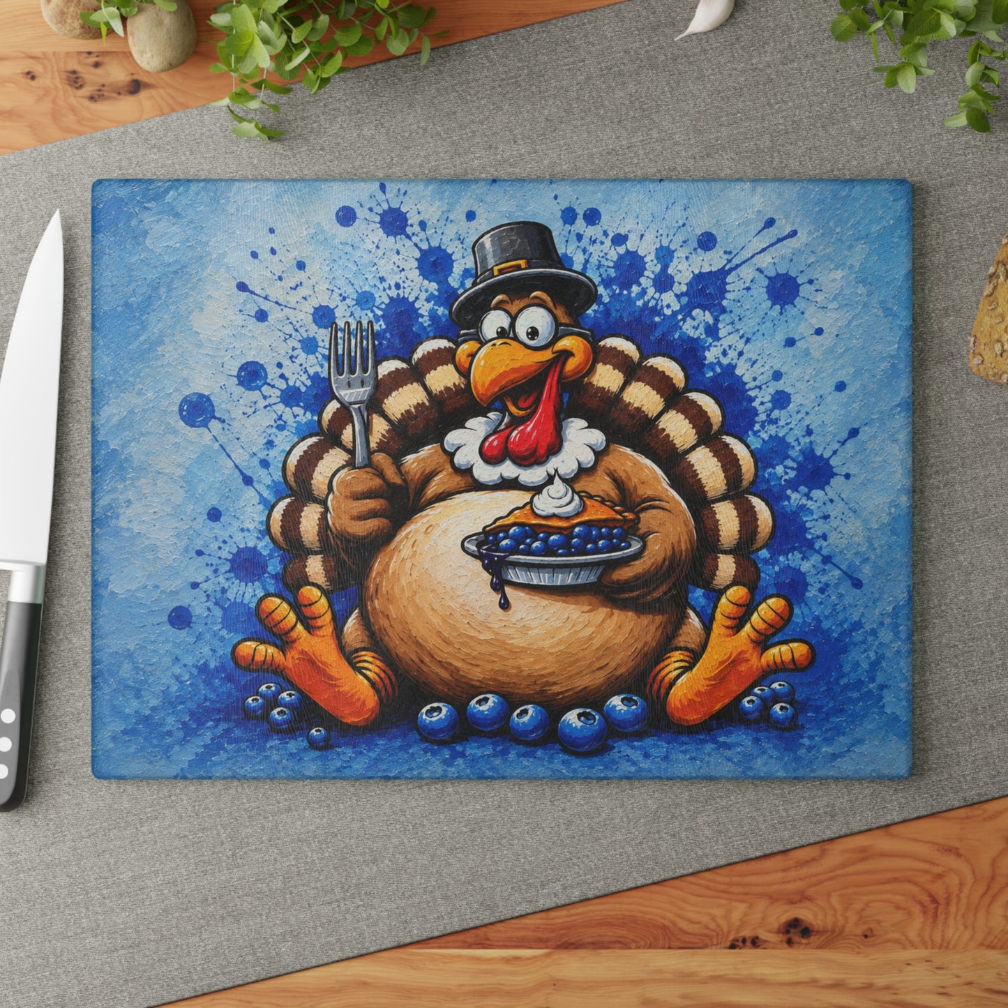 Funny Thanksgiving Turkey & Blueberry Pie Glass Cutting Board – Whimsical Holiday Kitchen Decor