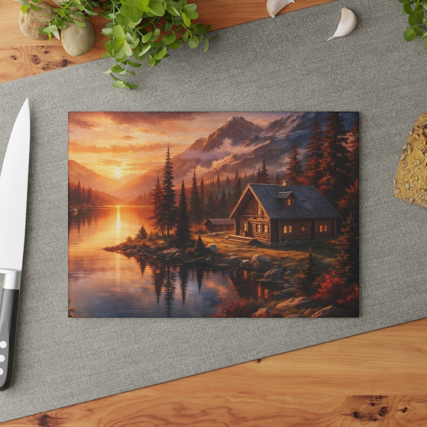 Mountain Cabin Sunset Glass Cutting Board – Rustic Lake Lodge Kitchen Art