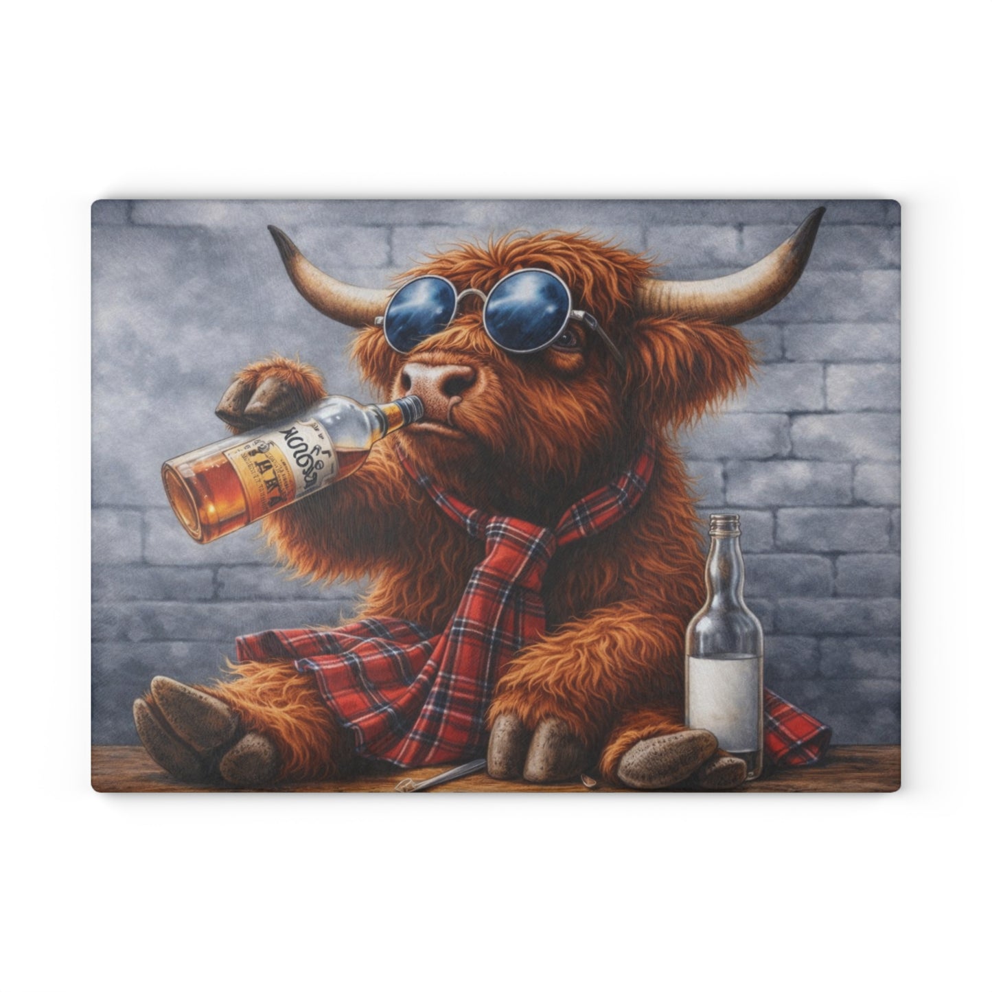 Cool Shades Highland Cow Glass Cutting Board – Playful Farm Bar Art with Bold Rustic Attitude