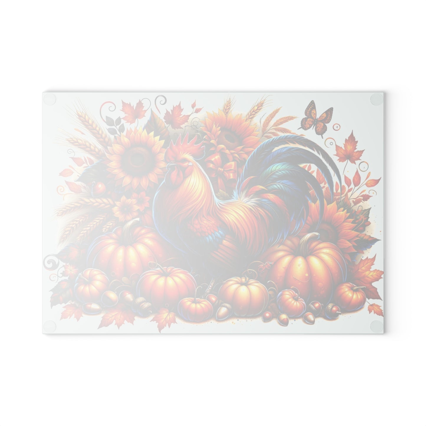 🧡🌻 “Harvest Rooster & Sunflowers” Glass Cutting Board – Cozy Charm for Your Kitchen