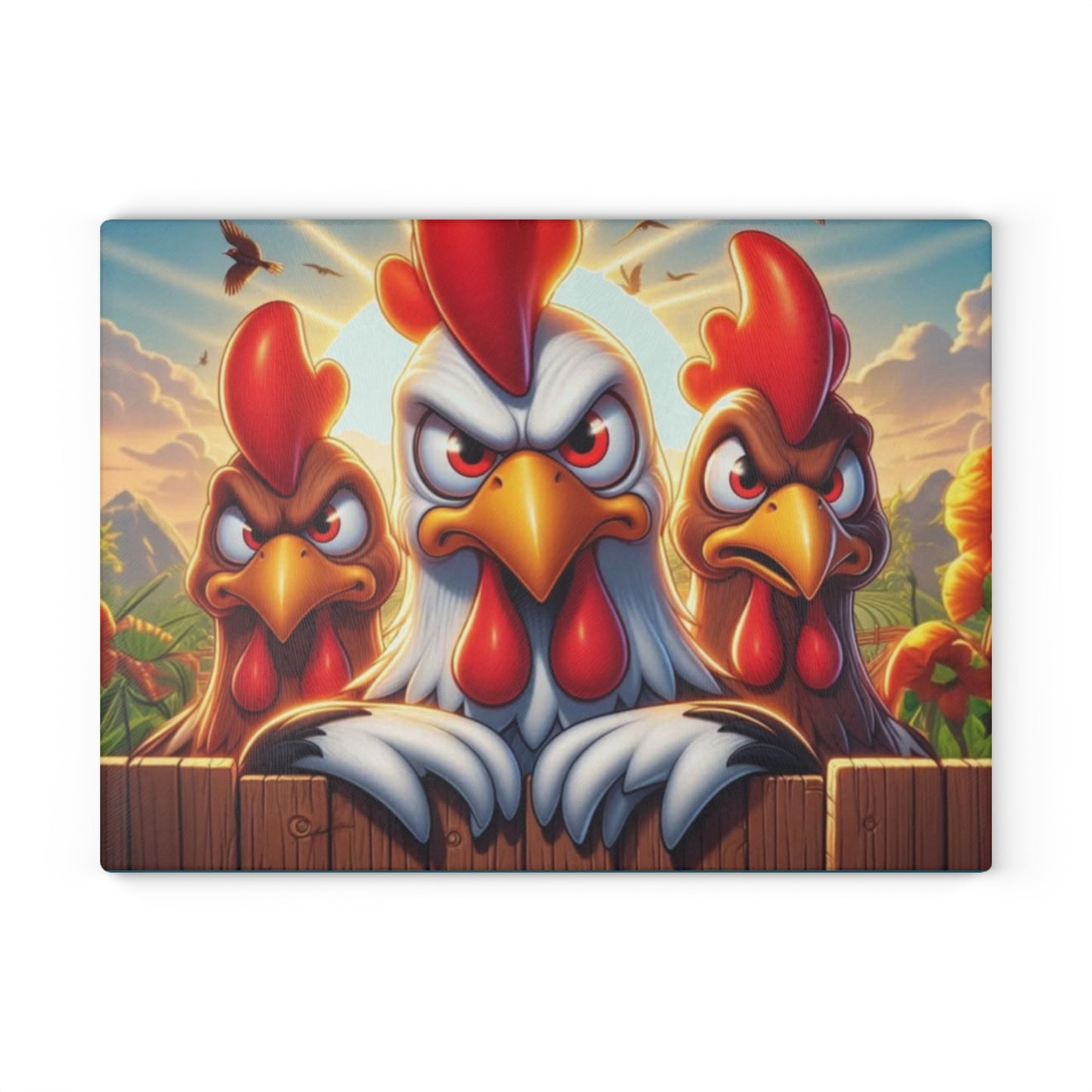 🐔 Three Angry Chickens Glass Cutting Board – Funny Farmhouse Kitchen Decor