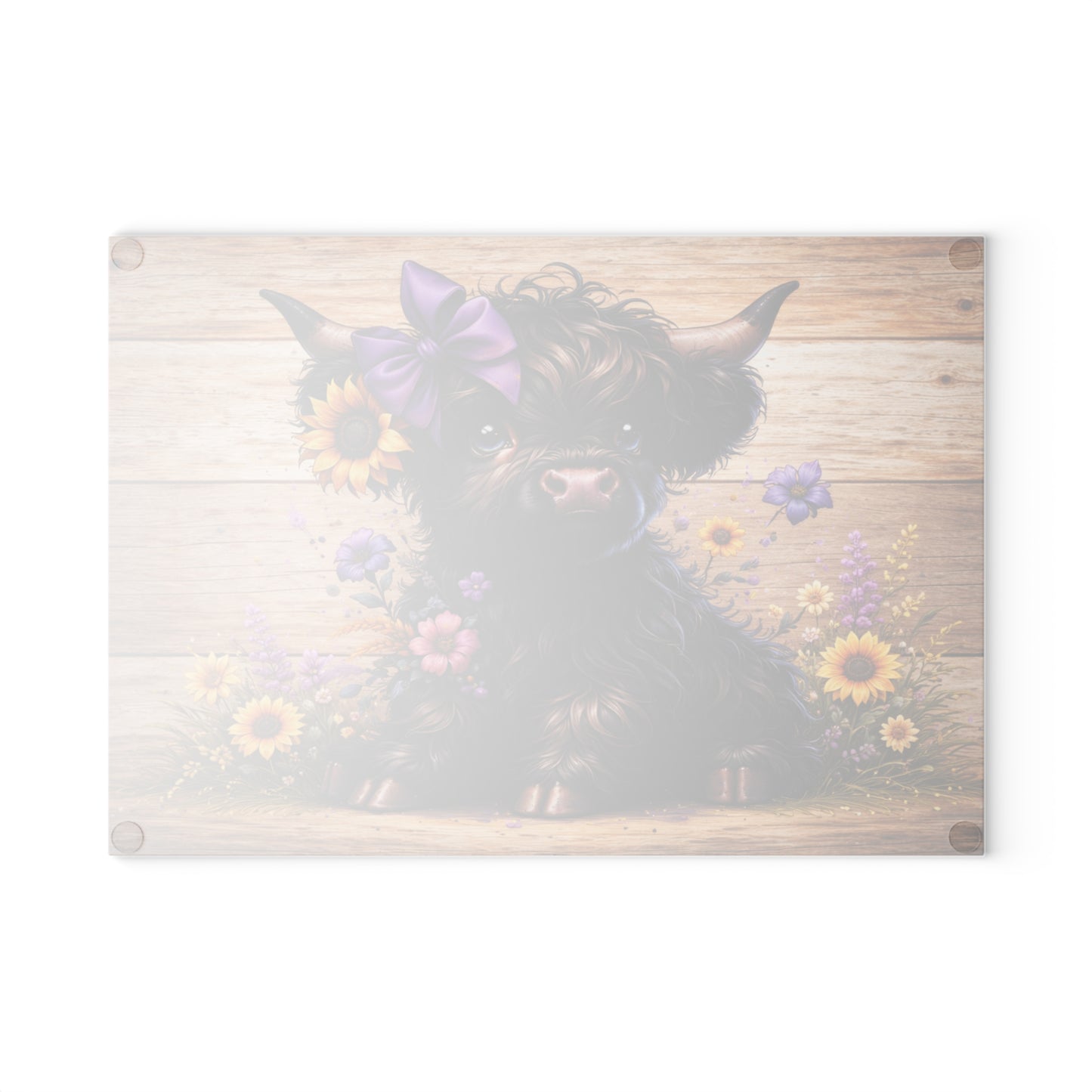 Sunflower Bow Highland Calf Glass Cutting Board – Rustic Farm Animal Art with Floral Country Charm