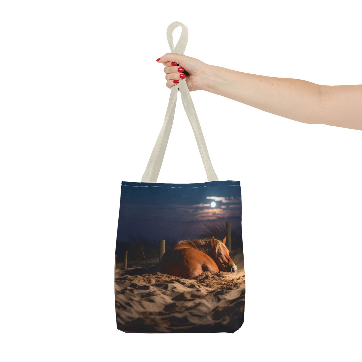 Bolsa de tela "Caballo durmiendo en la playa bajo la luz de la luna": una escapada serena a cada paso