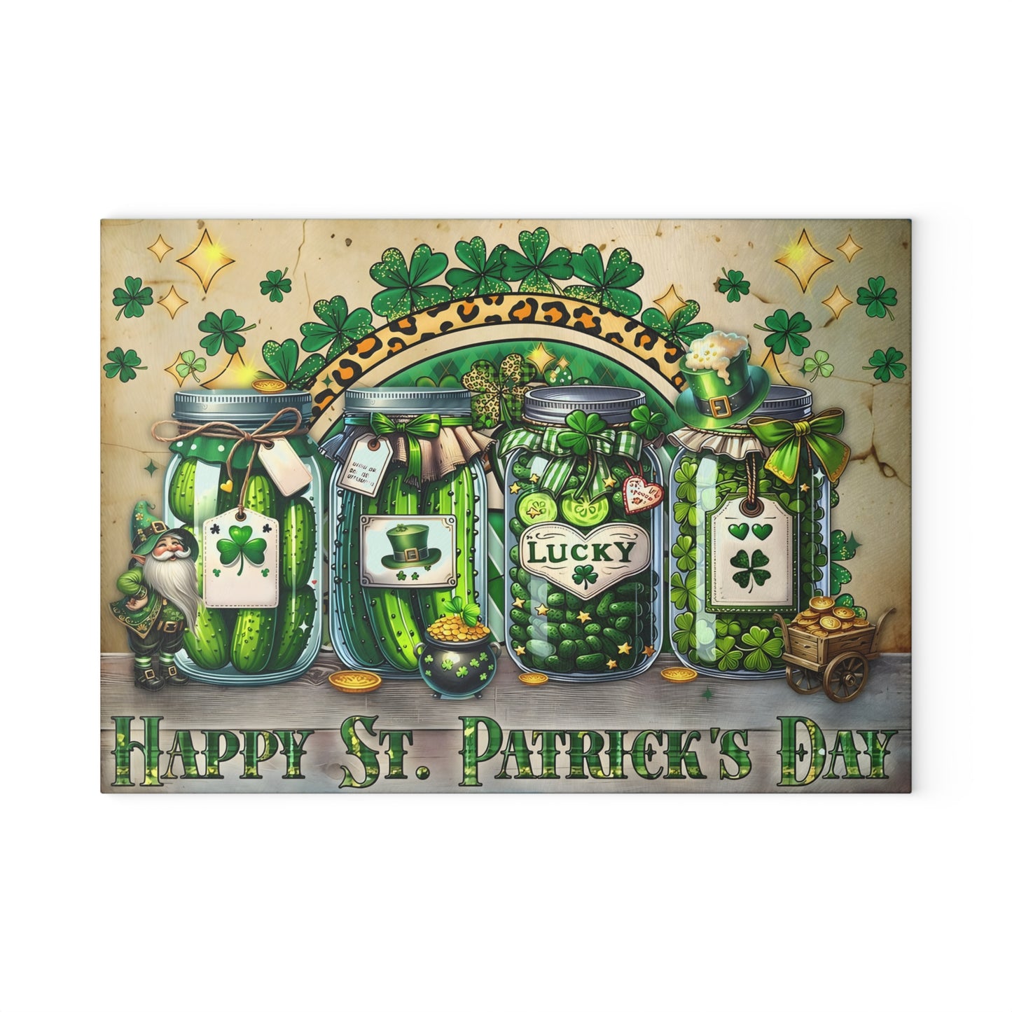 Lucky Shamrock Jars Glass Cutting Board – St. Patrick’s Day Kitchen Décor